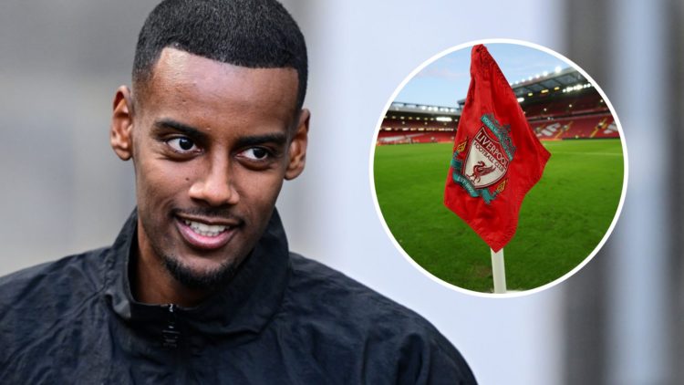 Alexander Isak (left) and Liverpool flag at Anfield (right)