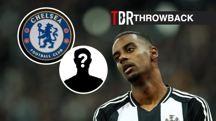 Alexander Isak during a Premier League clash between Newcastle and Brentford, Chelsea badge, mystery figure, TBR logo and throwback label inset