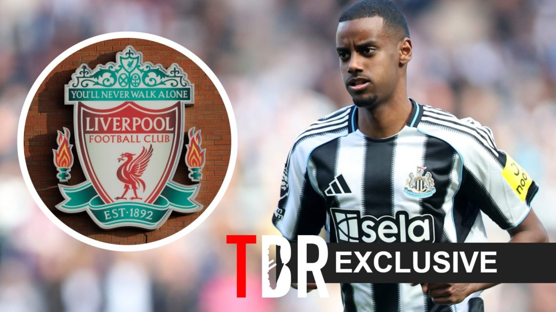 Image of Alexander Isak in action for Newcastle United with an inset of the Liverpool badge, overlaid a TBR Exclusive banner