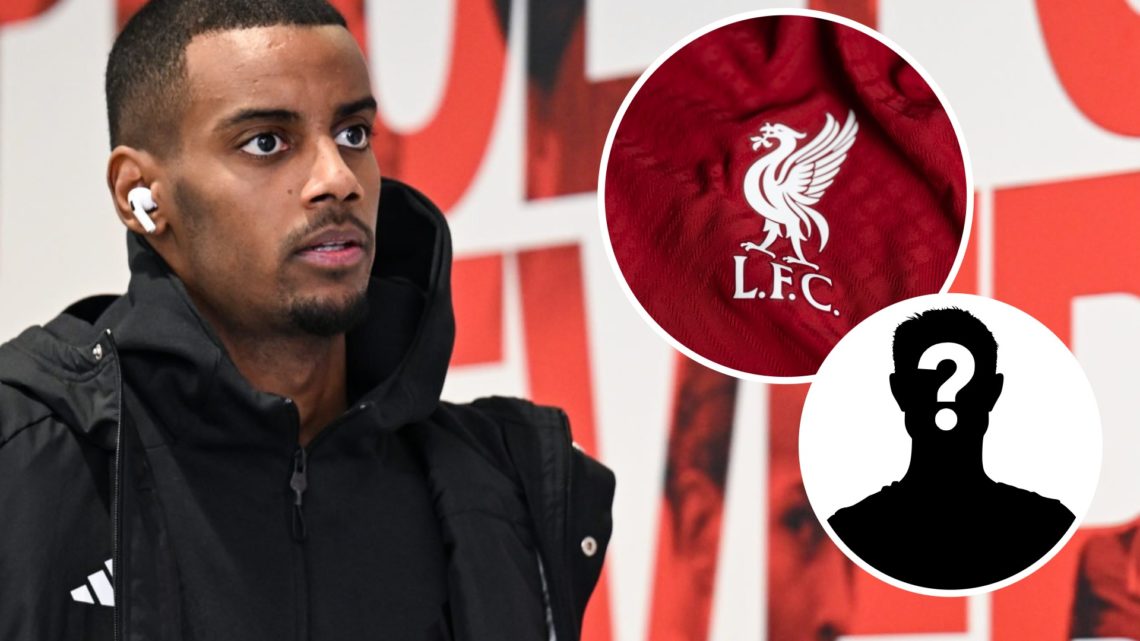 Alexander Isak, Liverpool badge (inset, top), mystery player (inset, bottom)