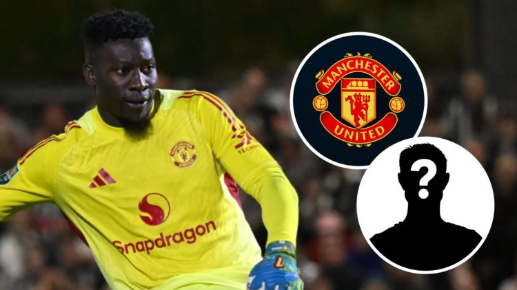 Andre Onana of Manchester United looks on (left) and a Man United badge (right) with mystery overlay