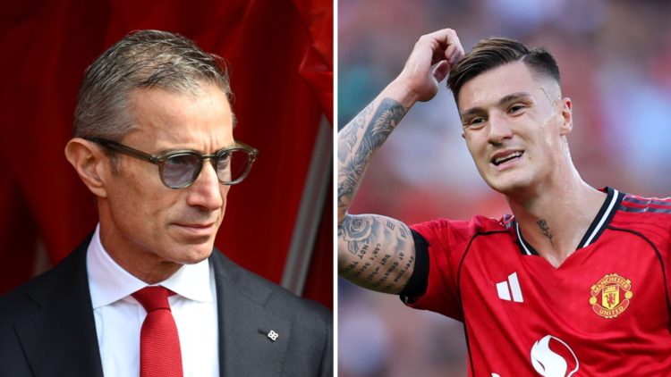 Split image of (L) Andrea Berta looking on prior to an Arsenal game and (R) Benjamin Sesko in action for Manchester United