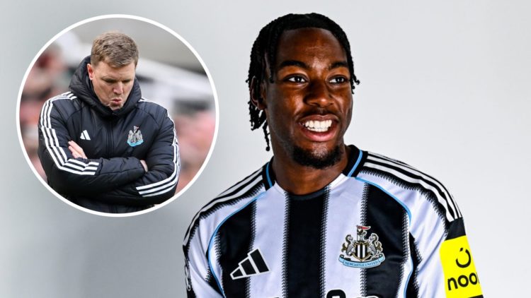 Anthony Elanga after signing for Newcastle United. Inset of Eddie Howe looking frustrated.