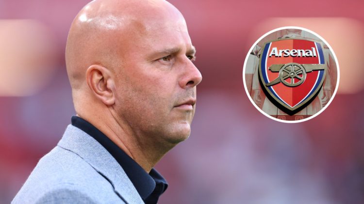 Arne Slot manager / head coach of Liverpool during the Premier League match between Liverpool and Bournemouth at Anfield (Left) The Arsenal badge c...