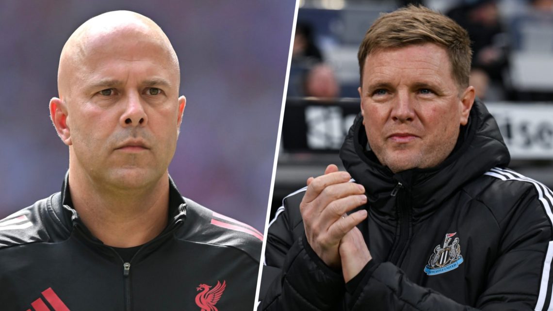 Arne Slot manager of Liverpool during the 2025 FA Community Shield match between Crystal Palace and Liverpool at Wembley Stadium (Left) Newcastle U...