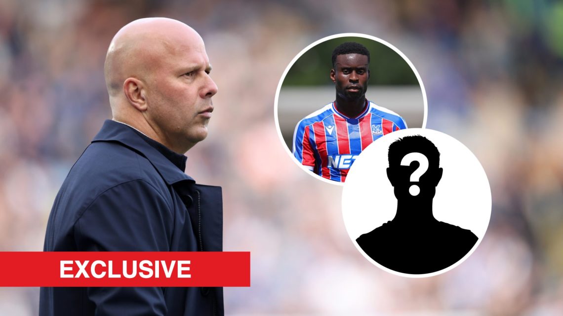 Liverpool boss Arne Slot looks on. Inset, Crystal Palace defender Marc Guehi and a mystery player icon