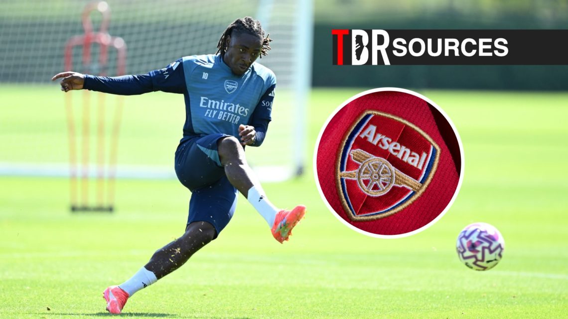 Eberechi Eze in training for Arsenal, Arsenal badge, TBR logo and sources label inset