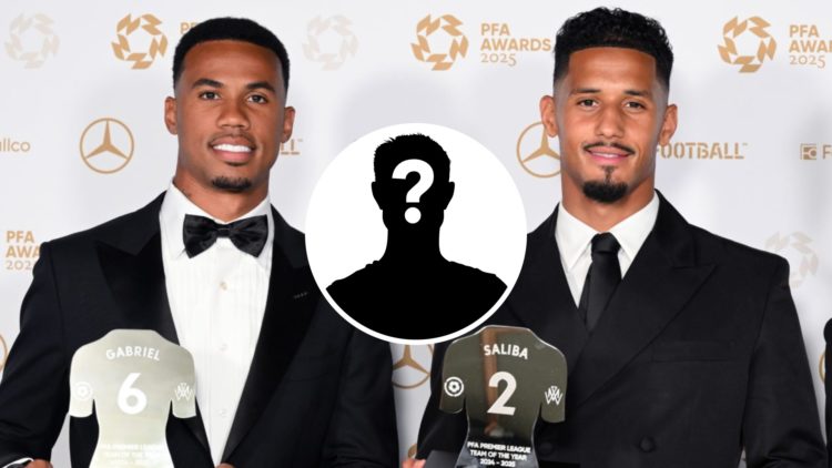 Arsenal defenders Gabriel Magalhaes and William Saliba at the PFA Awards. Inset of a mystery player.
