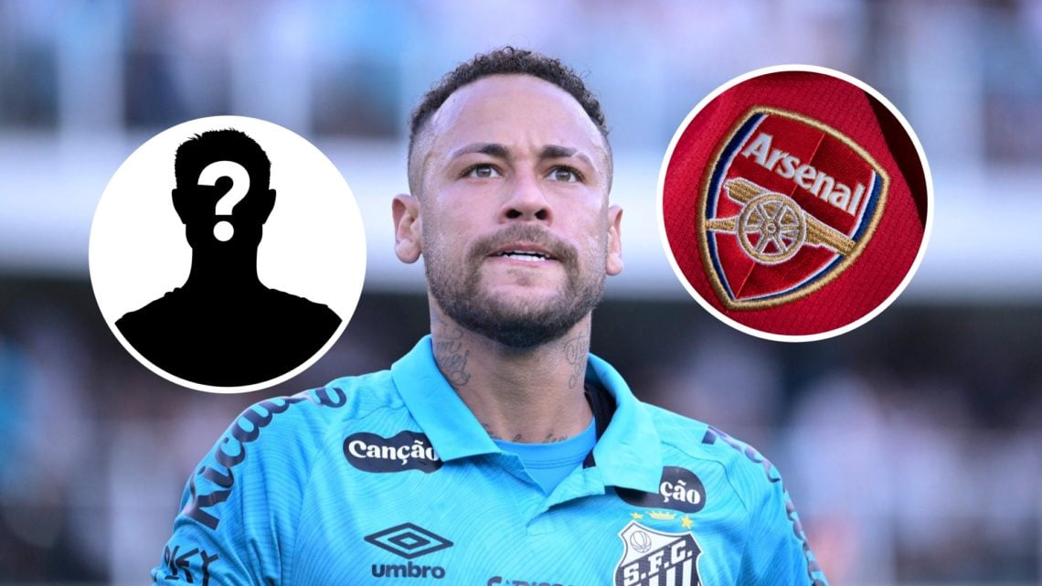 Neymar in action for Santos against Botafogo, Arsenal badge and mystery figure inset