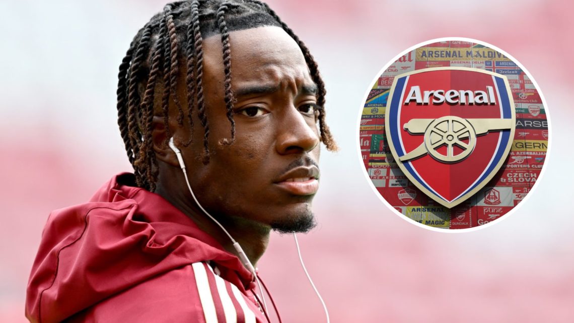 Arsenal winger Noni Madueke ahead of Liverpool clash. Inset of Arsenal badge.