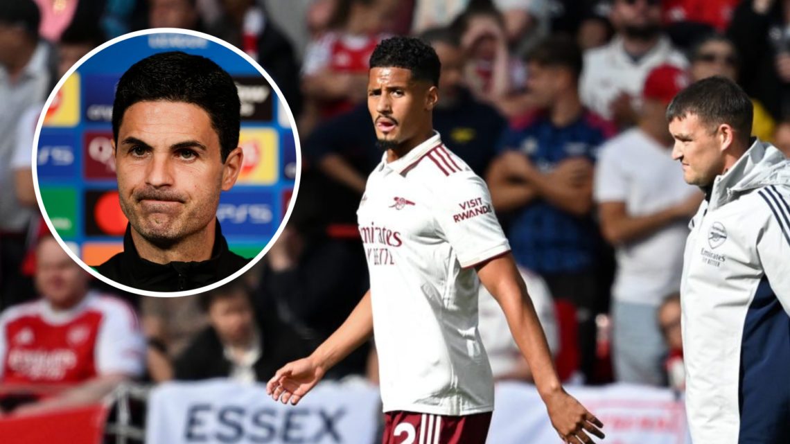 Arsenal defender William Saliba forced off with an injury against Liverpool. Inset of Mikel Arteta.
