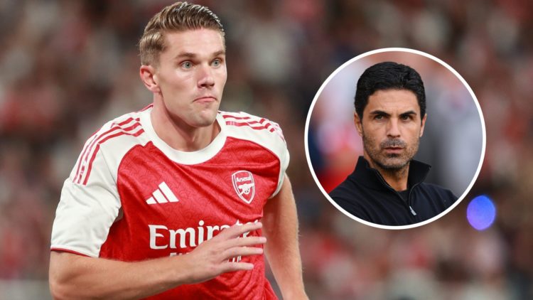 Viktor Gyokeres playing for Arsenal alongside an inset of Mikel Arteta.