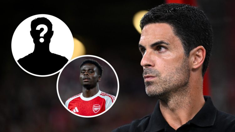 Arsenal boss Mikel Arteta alongside an inset of Bukayo Saka.