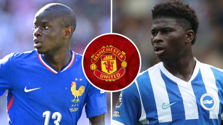 Ngolo Kante (left) in action for France, Carlos Baleba of Brighton looks on (right), Man Utd badge (centre)