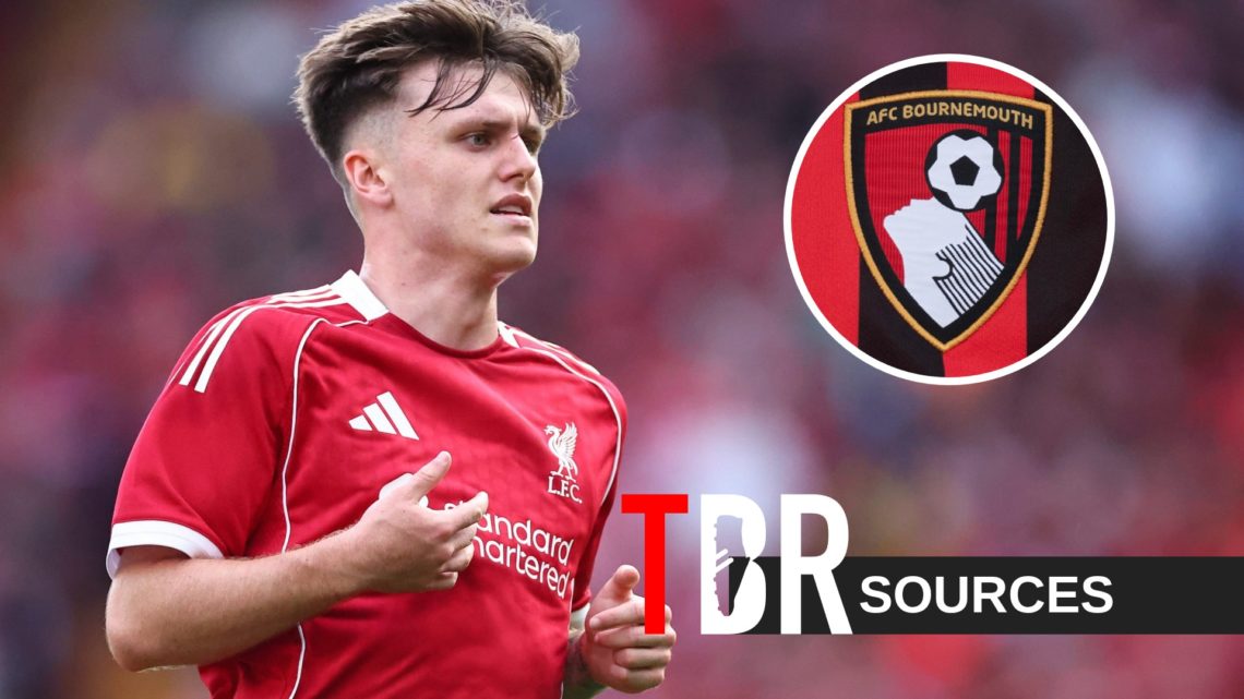 Ben Doak of Liverpool during the pre-season friendly match between Liverpool v Athletic Club Bilbao at Anfield (Right) AFC Bournemouth badge (Left).