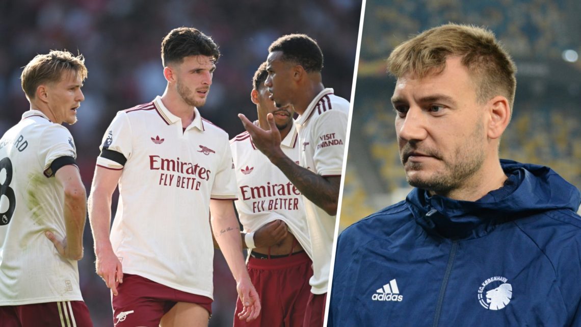Arsenal players in discussion during their win against Manchester United in the Premier League alongside former Gunners striker Nicklas Bendtner.