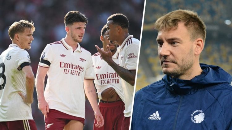 Arsenal players in discussion during their win against Manchester United in the Premier League alongside former Gunners striker Nicklas Bendtner.