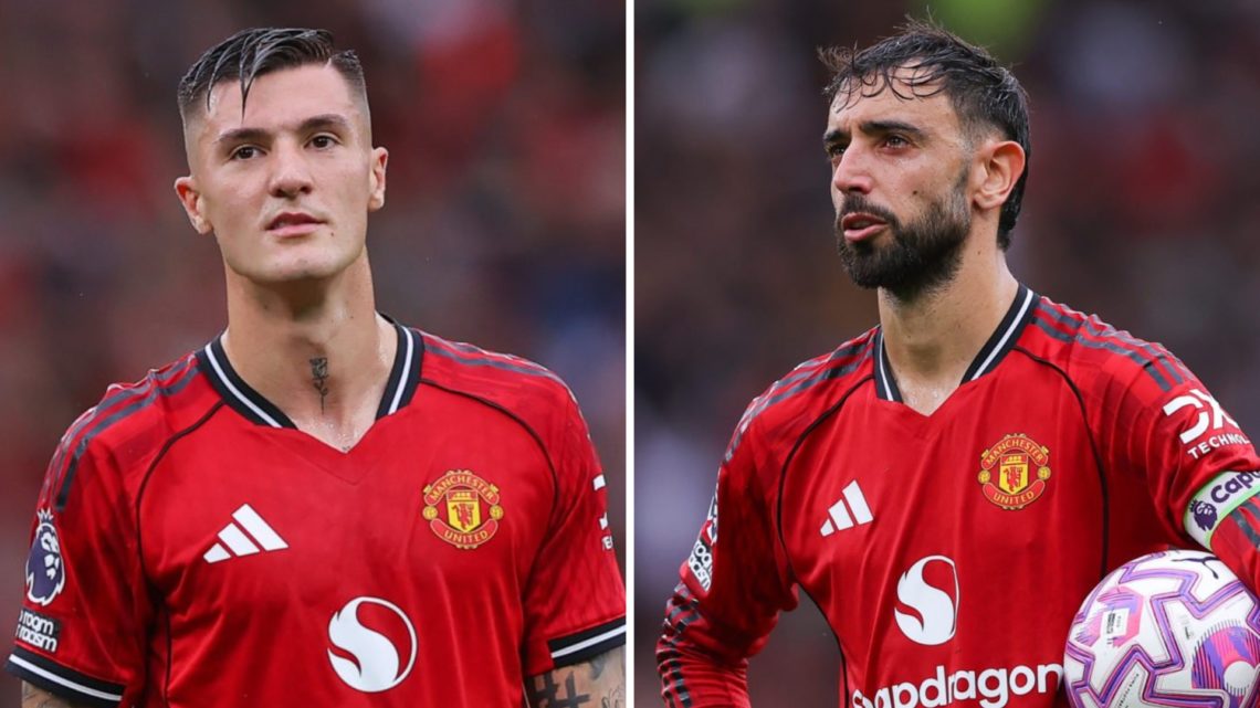 Benjamin Sesko and Bruno Fernandes split image in Manchester United vs Burnley