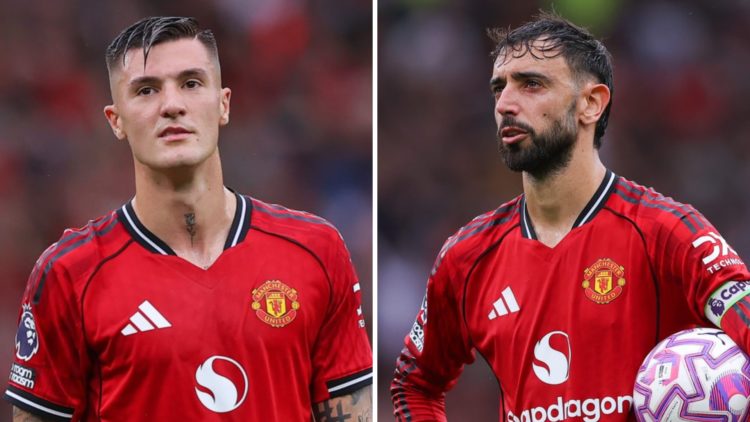 Benjamin Sesko and Bruno Fernandes split image in Manchester United vs Burnley