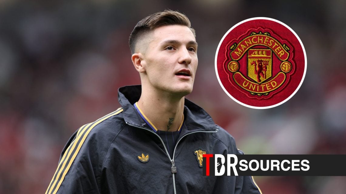 Benjamin Sesko being presented by Manchester United at Old Trafford, Manchester United badge, TBR logo and sources tag inset