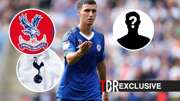Bilal El Khannouss in action for Leicester City, Crystal Palace badge, Tottenham badge, TBR logo and exclusive label inset