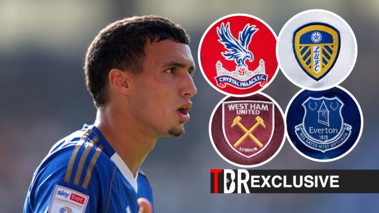 Bilal El Khannouss during a Championship clash between Leicester City and Sheffield Wednesday, TBR logo, exclusive tag, West Ham badge, Crystal Pal...