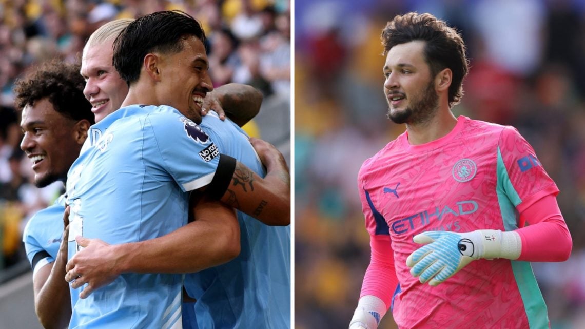 Left: Oscar Bobb and Tijjani Reijnders celebrate with Erling Haaland after he scores Manchester City's third goal against Wolves. Right: James Traf...