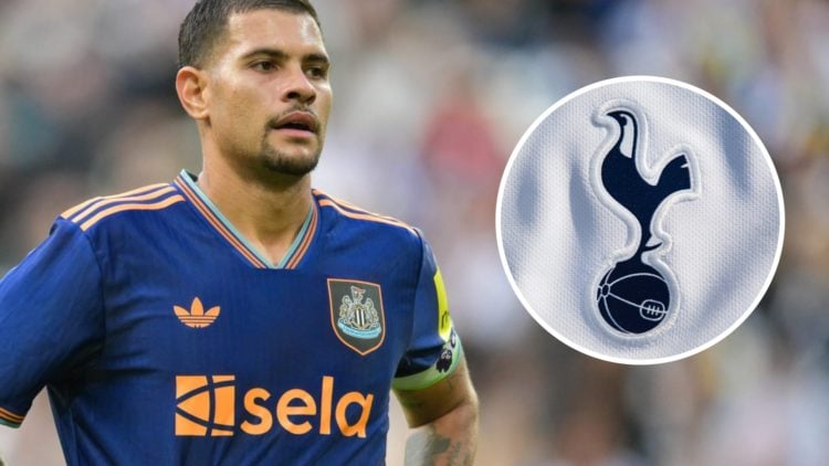 Newcastle captain Bruno Guimaraes alongside a Tottenham badge.