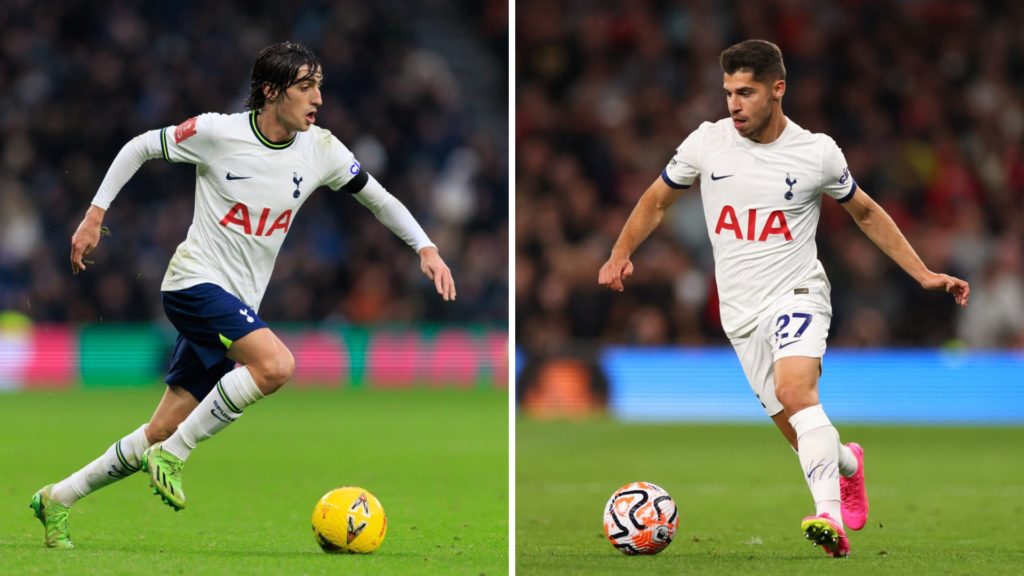Split image of (L) Bryan Gil and (R) Manor Solomon both running with the ball while playing for Tottenham