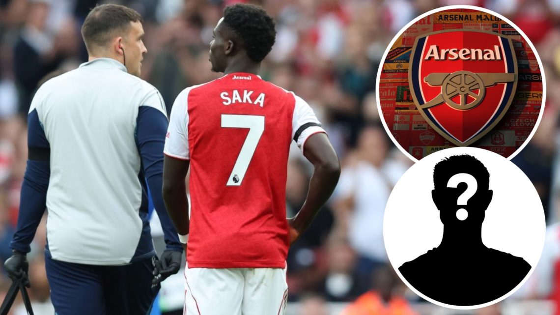 Bukayo Saka, Arsenal badge (inset, top), Mystery player (inset, bottom)