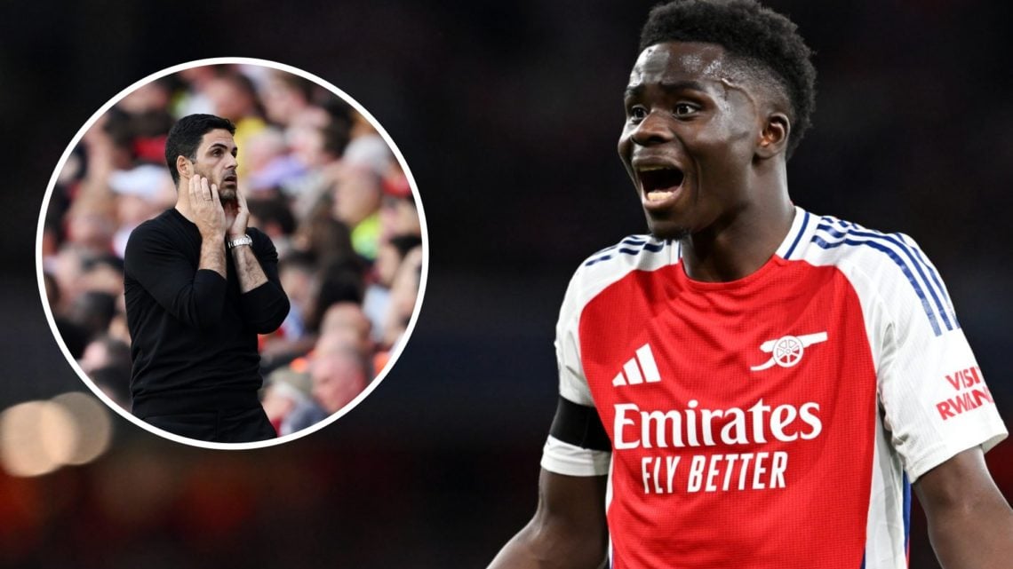 Image of Bukayo Saka shouting in frustration during an Arsenal game with an inset of Mikel Arteta looking dejected during an Arsenal match