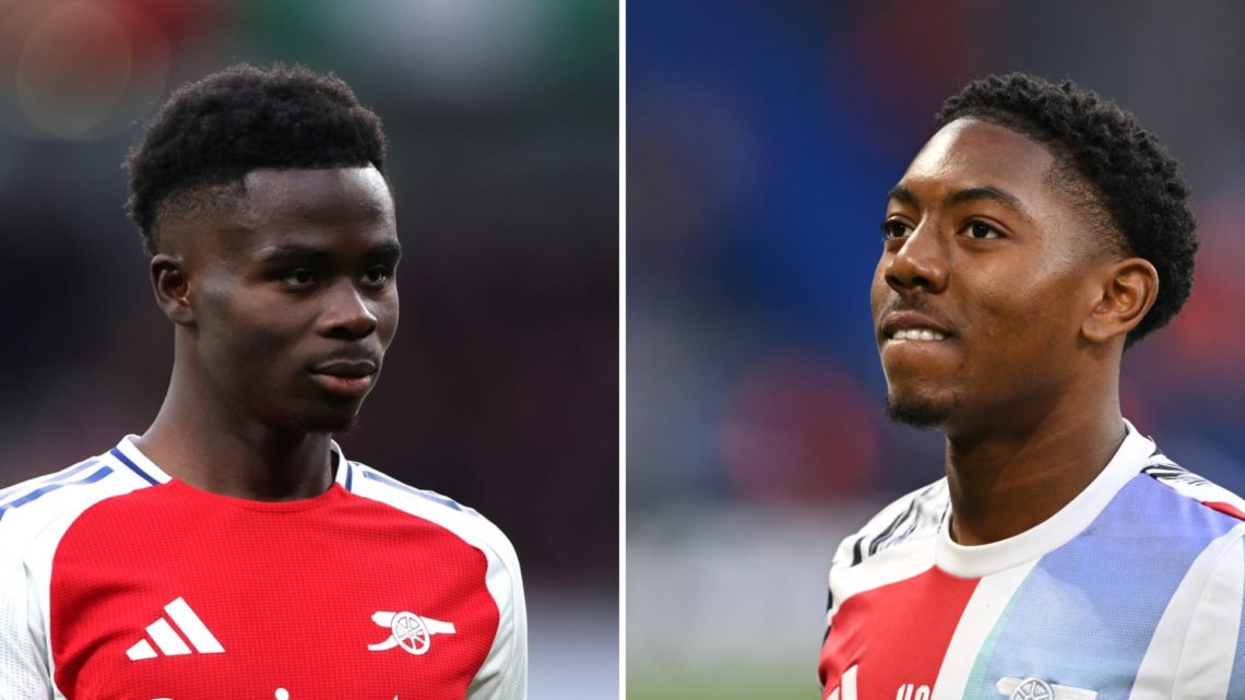 Split image of (L) Bukayo Saka looking on during an Arsenal game and (R) Myles Lewis-Skelly smiling during a warm up session