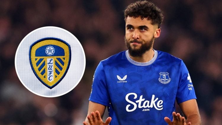 Dominic Calvert-Lewin playing for Everton alongside a Leeds United badge.
