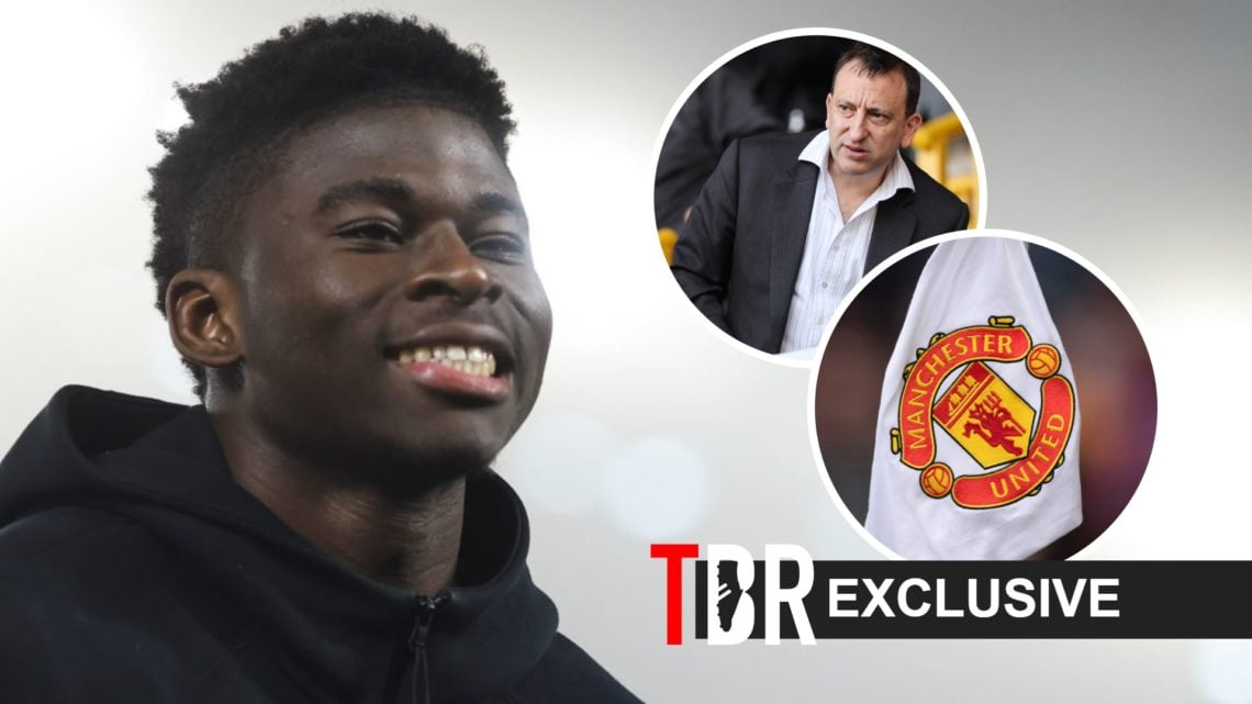 Carlos Baleba of Brighton with Tony Bloom and a Manchester United badge