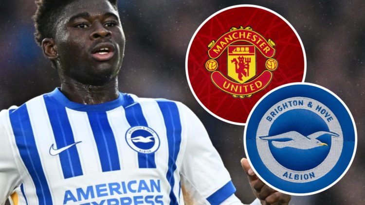 Carlos Baleba, Manchester United badge (inset, top), Brighton and Hove Albion badge (inset, bottom)