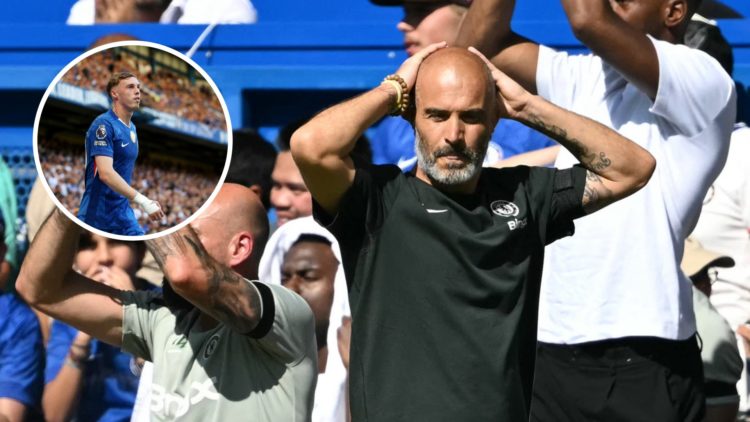 Chelsea boss Enzo Maresca looks dejected against Crystal Palace. Inset, Chelsea playmaker Cole Palmer in action against Crystal Palace.