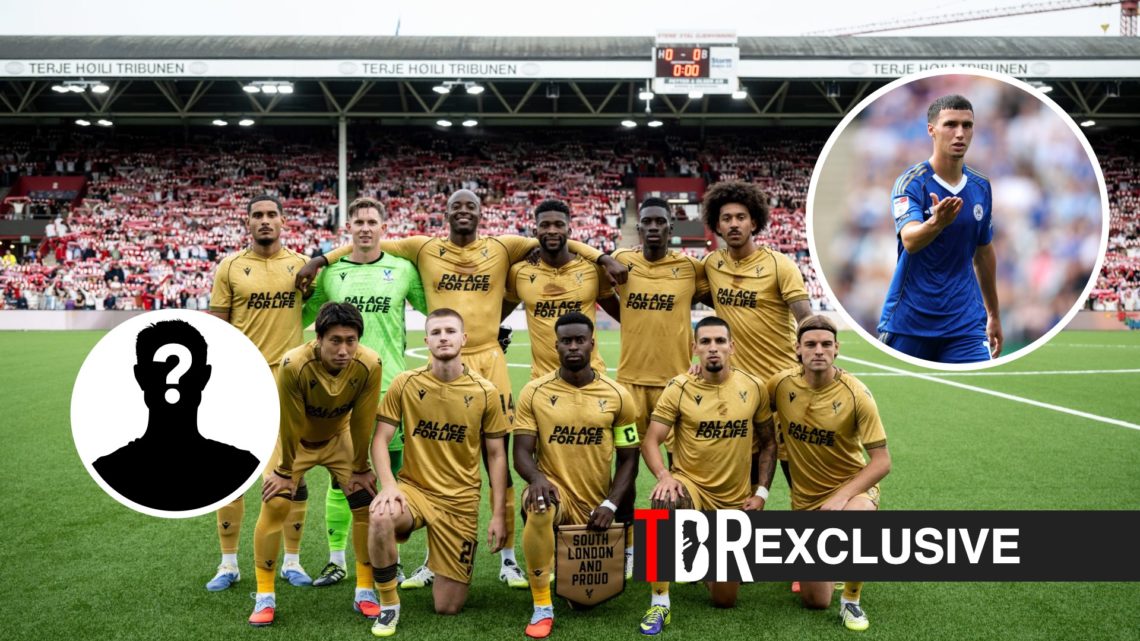 Crystal Palace players pose for a team photo before taking on Fredrikstad, TBR logo, exclusive label, Bilal El Khannouss and mystery figure inset