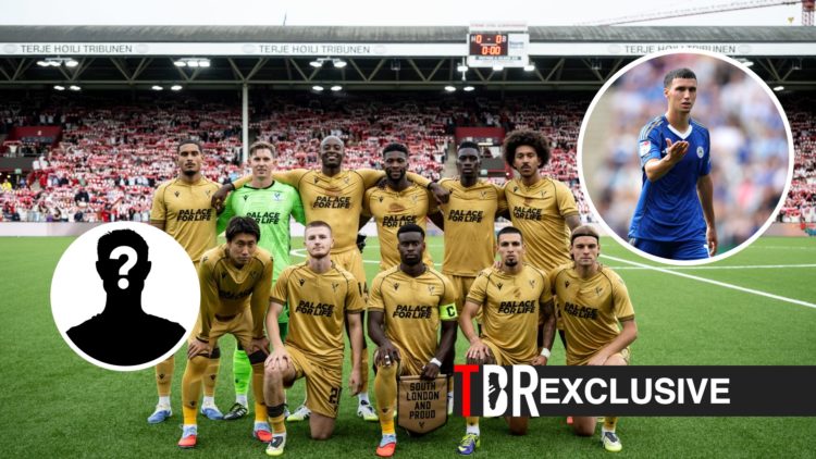 Crystal Palace players pose for a team photo before taking on Fredrikstad, TBR logo, exclusive label, Bilal El Khannouss and mystery figure inset