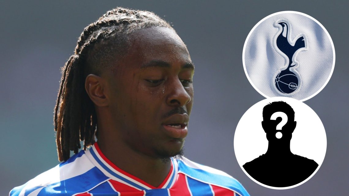 Crystal Palace winger Eberechi Eze during Community Shield. Inset of Tottenham Hotspur badge and mystery player.
