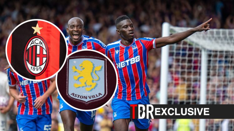 Crystal Palace players celebrate after Ismaila Sarr scores against Nottingham Forest, TBR logo, exclusive label, Aston Villa badge and AC Milan bad...