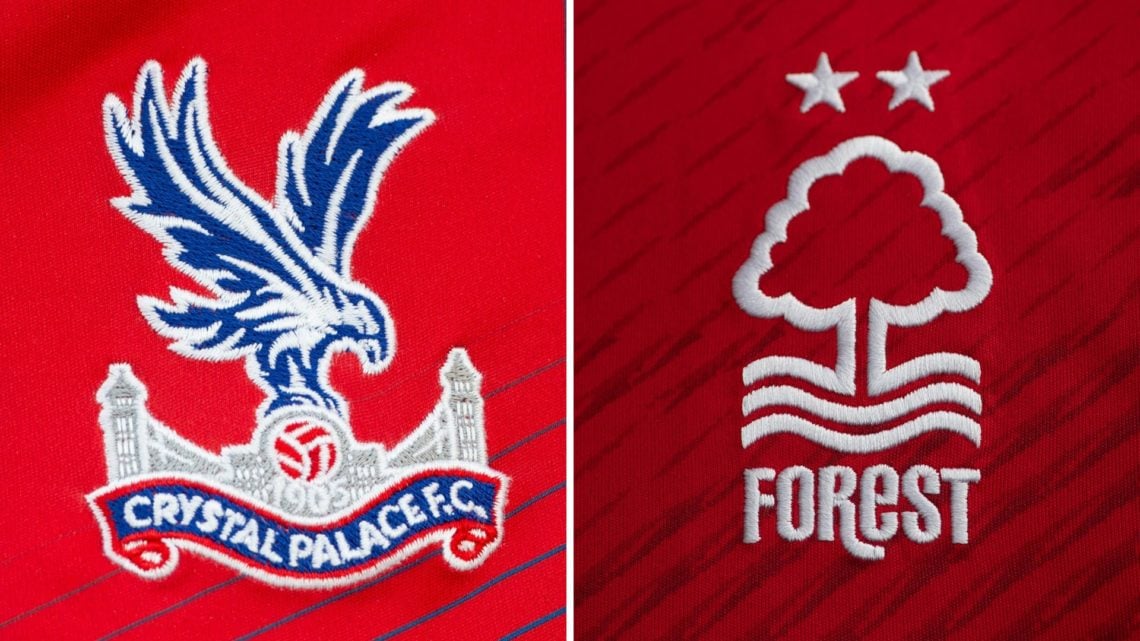 Split image of Crystal Palace badge and the Nottingham Forest badge