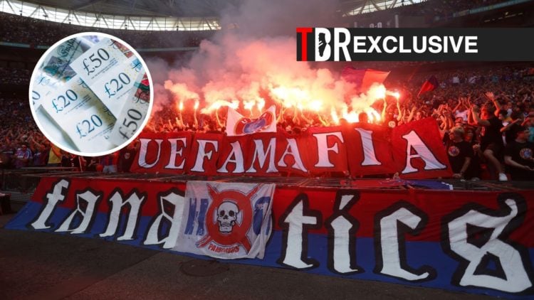 Image of Crystal Palace fans protesting against UEFA, TBR logo, exclusive tag and money inset