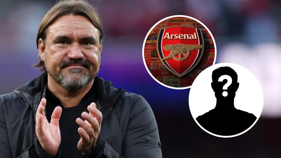 Daniel Farke and an Arsenal badge with a mystery player overlay