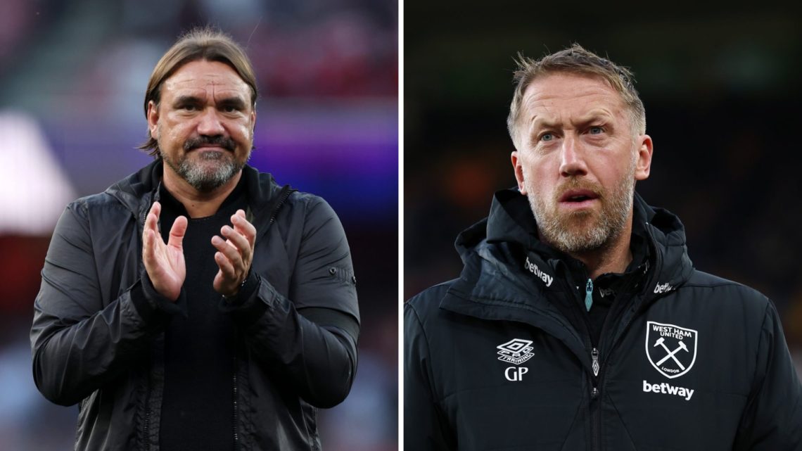 Split image of Daniel Farke applauding the fans after a Leeds game and (R) Graham Potter looking on during a West Ham match