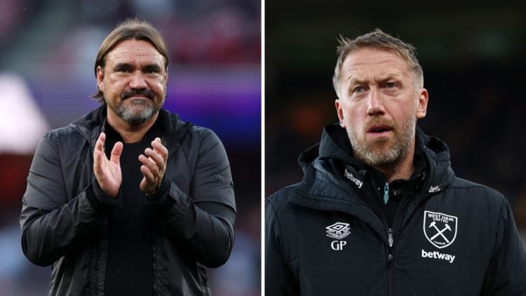 Split image of Daniel Farke applauding the fans after a Leeds game and (R) Graham Potter looking on during a West Ham match