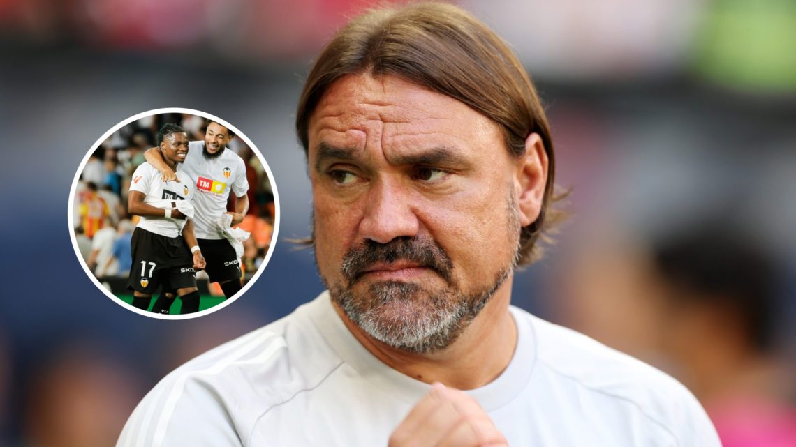 Daniel Farke looks on during a Leeds game, Largie Ramazani inset