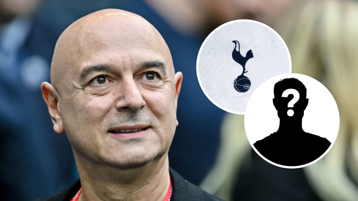 Daniel Levy looks on. Inset, the Tottenham badge and a mystery player icon