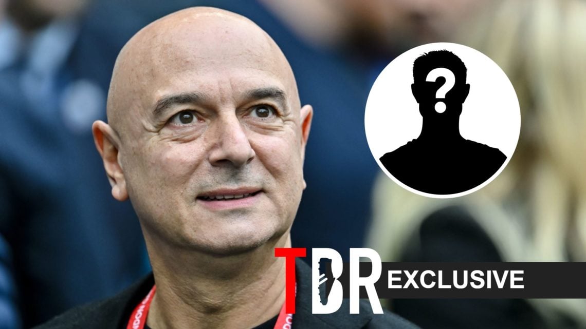 Image of Daniel Levy looking on at the Tottenham Hotspur Stadium with an inset of a mystery player, overlaid a TBR Exclusive banner
