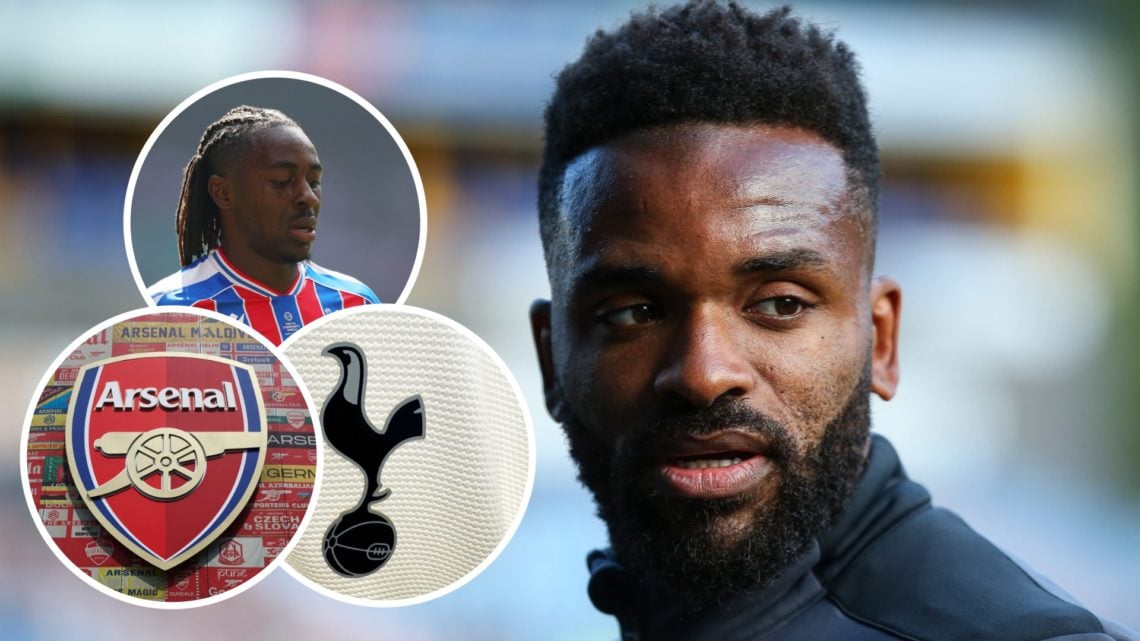 Darren Bent during punditry duties. Inset of Crystal Palace attacker Eberechi Eze, Arsenal badge and Tottenham Hotspur badge.