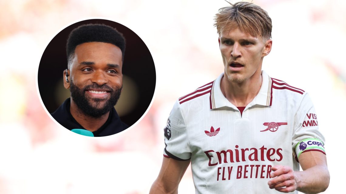 Martin Odegaard in action during a Premier League clash between Manchester United and Arsenal, Darren Bent inset